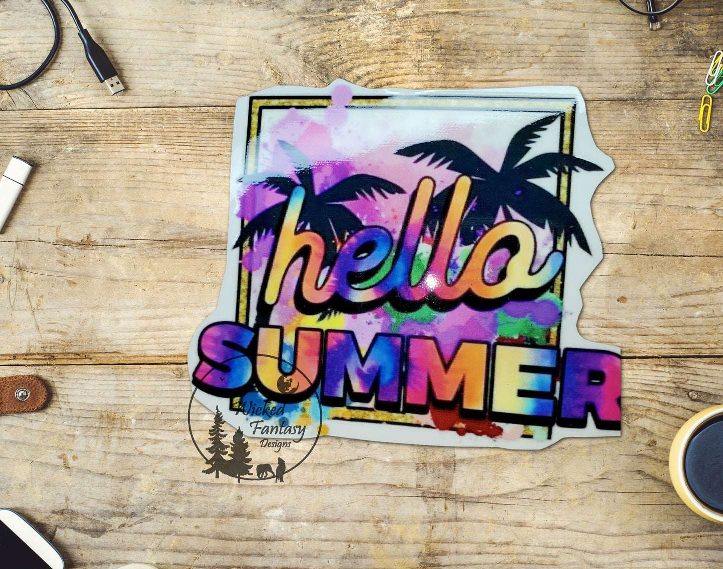 UVDTF Decal Hello Summer Neon Beach Palm Tree 1pc
