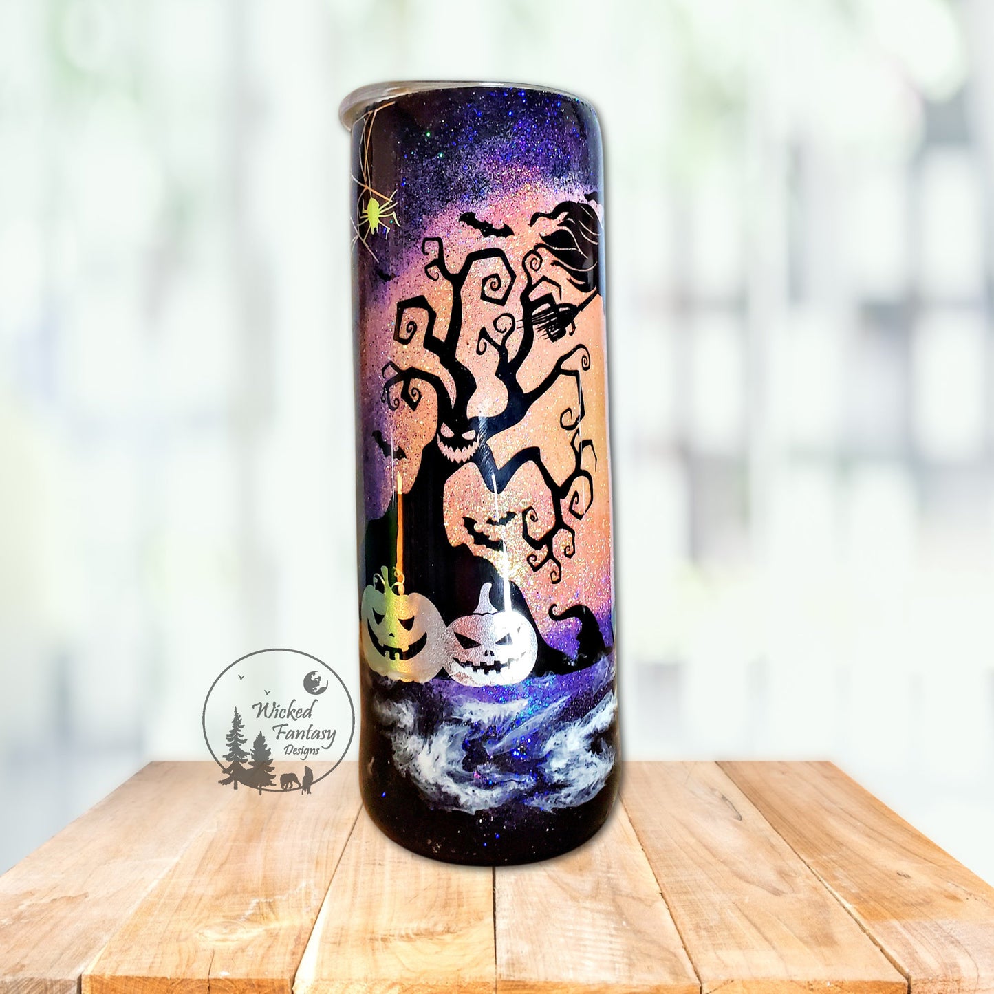 You Personalize Spooky Jackolanterns Eerie Trees Flying Witch Mist Epoxy Glitter Tumbler Multiple Sizes