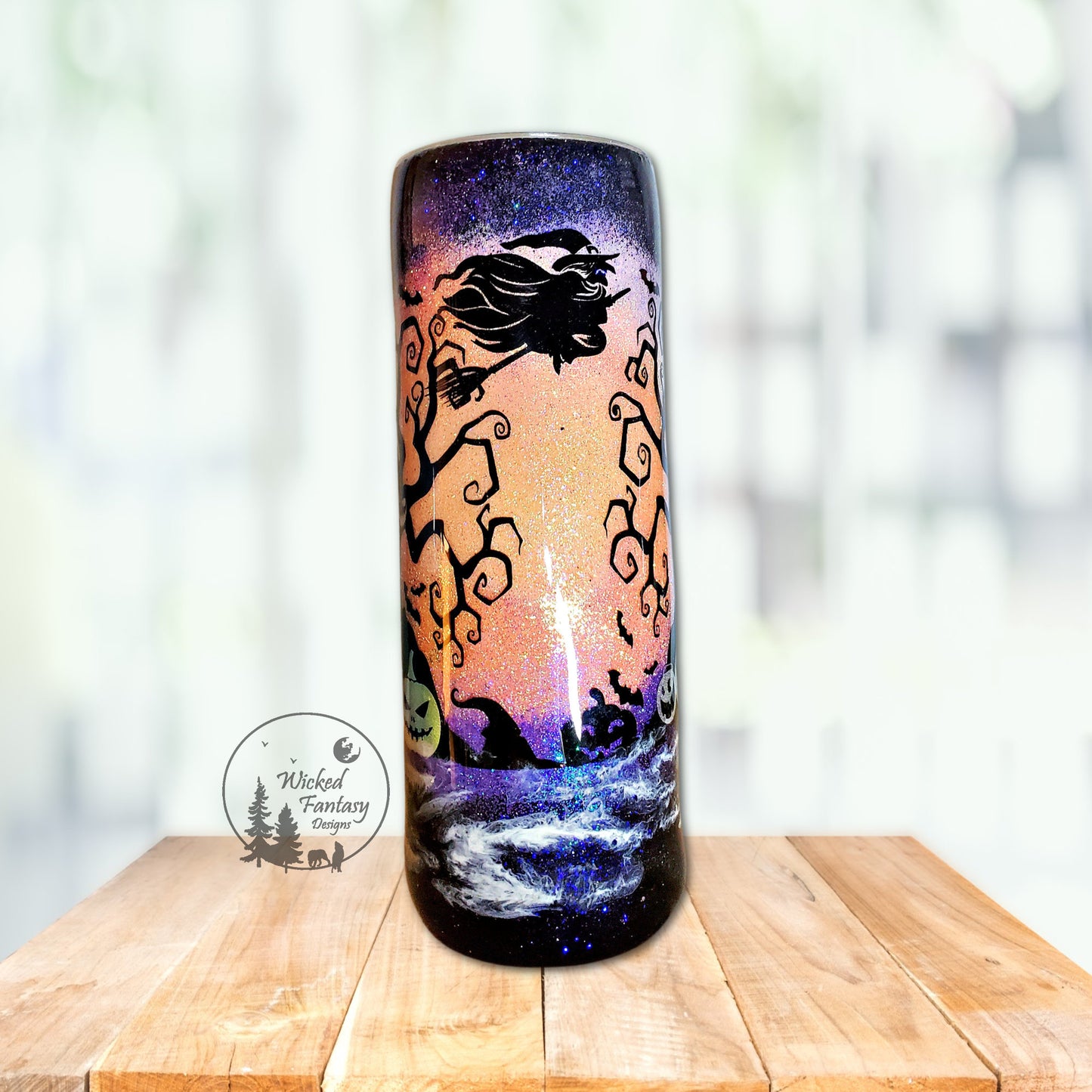 You Personalize Spooky Jackolanterns Eerie Trees Flying Witch Mist Epoxy Glitter Tumbler Multiple Sizes