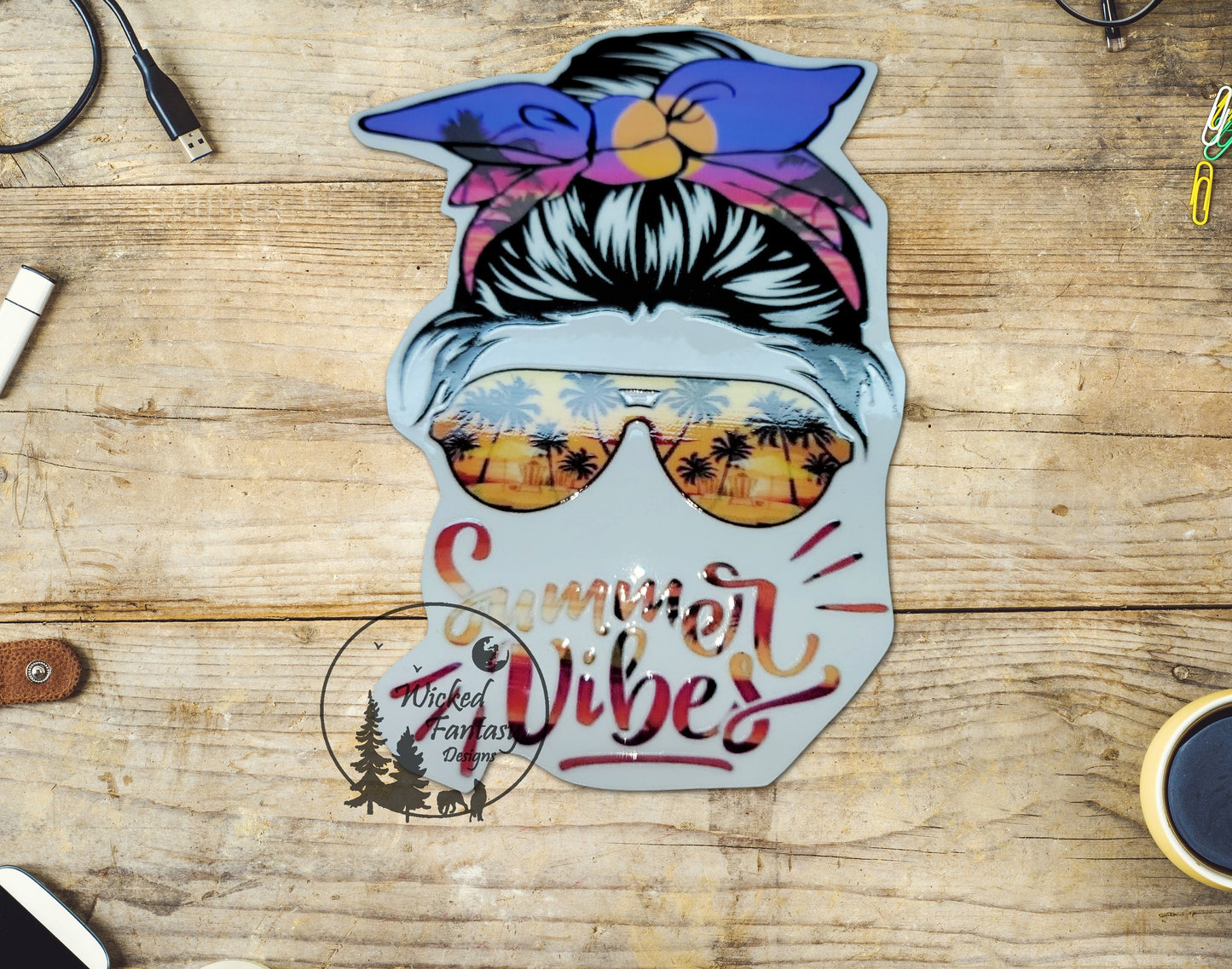 UVDTF Decal Summer Vibes Messy Bun Sunglasses Sticker 1pc