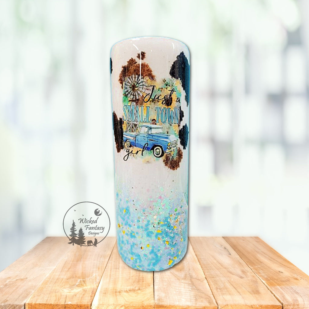 You Personalize Just a Small Town Girl Western Cowhide Turquoise Epoxy Ombre Glitter Tumbler Multiple Sizes