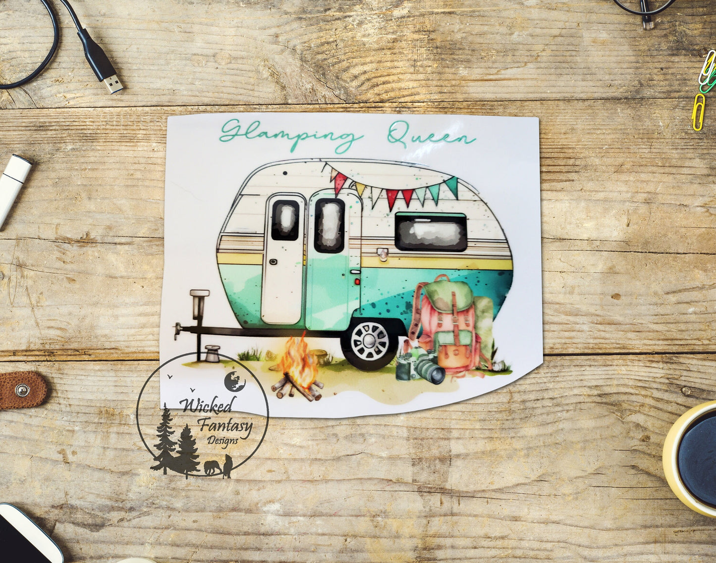 UVDTF Decal Glamping Camping Queen Retro Trailer Transparent Background Sticker 1pc