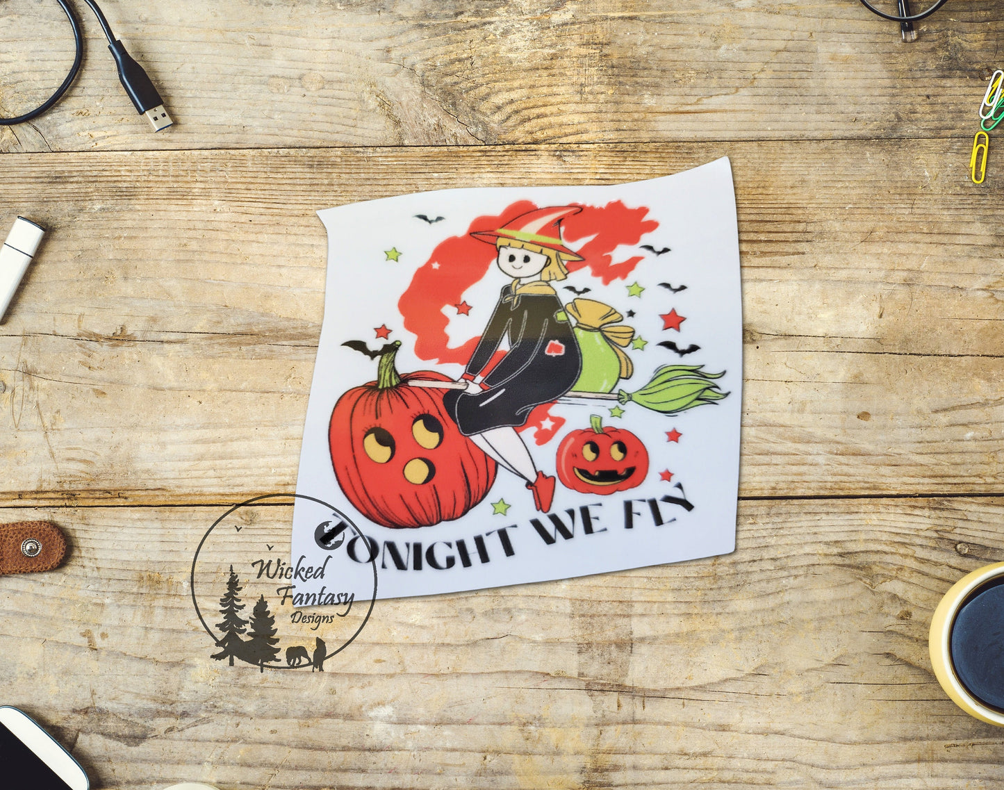 UVDTF Decal Halloween Tonight We Fly Witchy Vibes Transparent Background sticker 1pc