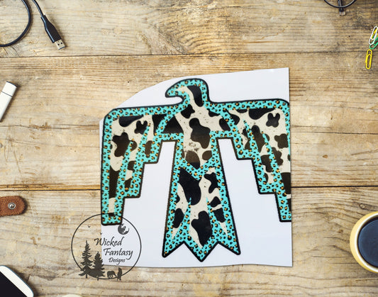 UVDTF Thunderbird Decal Cowhide Turquoise Geometric Pattern Rustic Transparent Background sticker 1pc