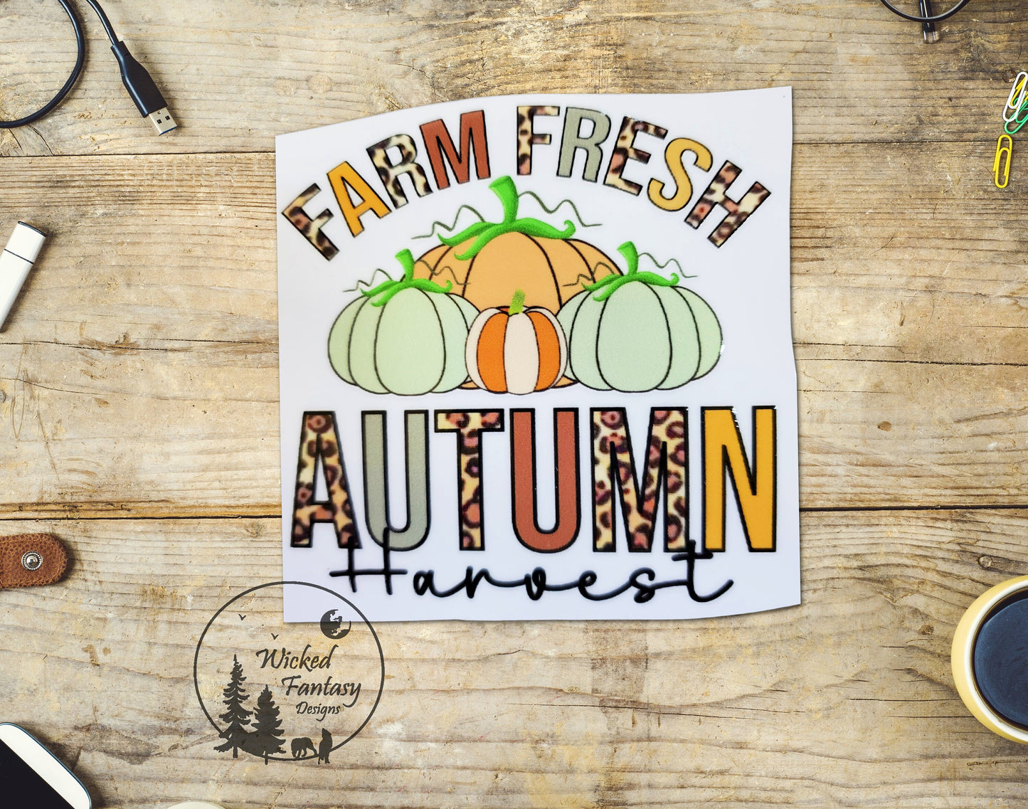 UVDTF Decal Farm Fresh Autumn Harvest Leopard Print Pumpkin Fall Transparent Background Sticker 1pc