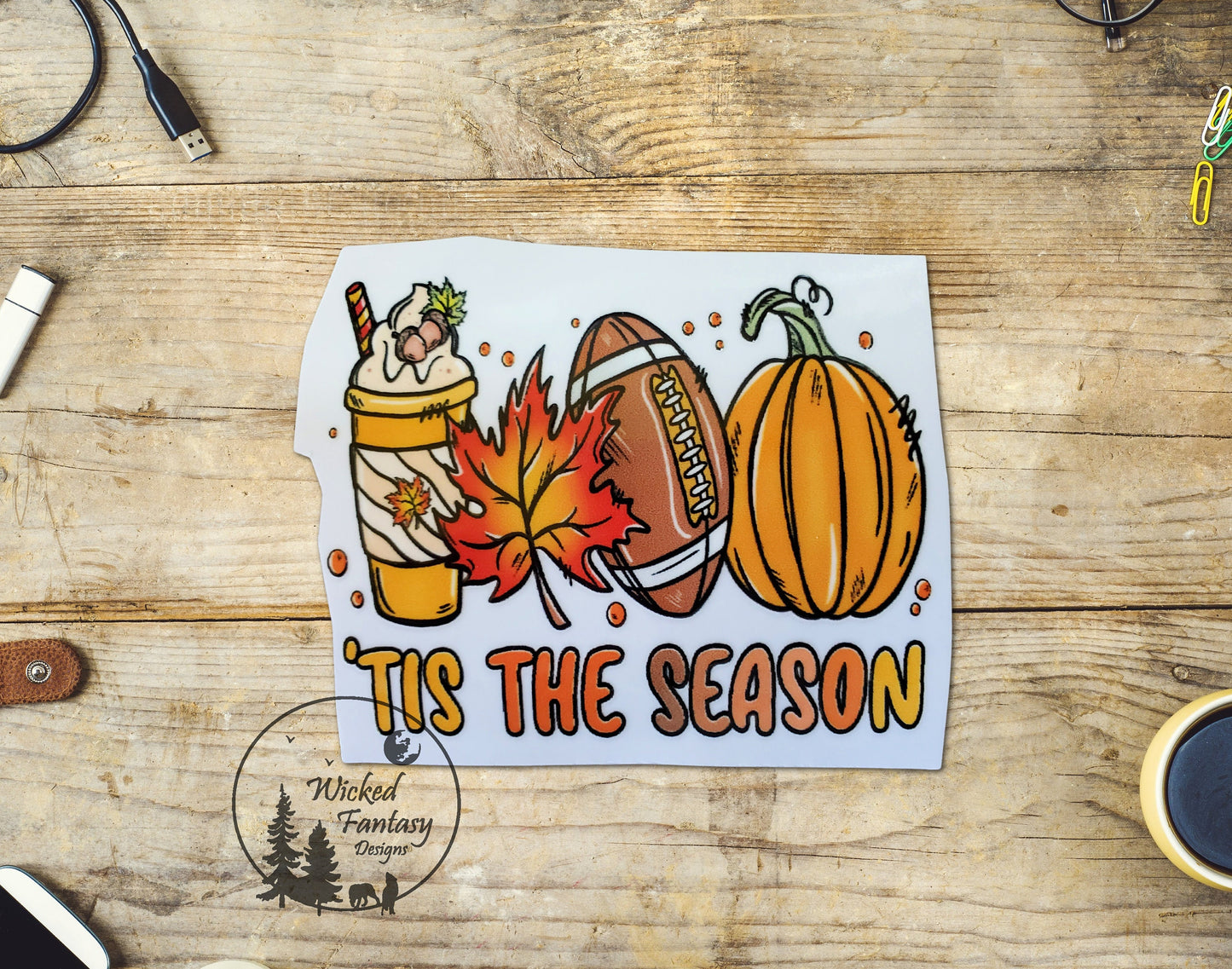 UVDTF Decal Tis The Season Autumn Fall Football Pumpkin Spice Coffee Transparent Background Sticker 1pc