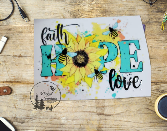 UVDTF Decal Faith Hope Love Sunflower Bee Transparent Background sticker 1pc