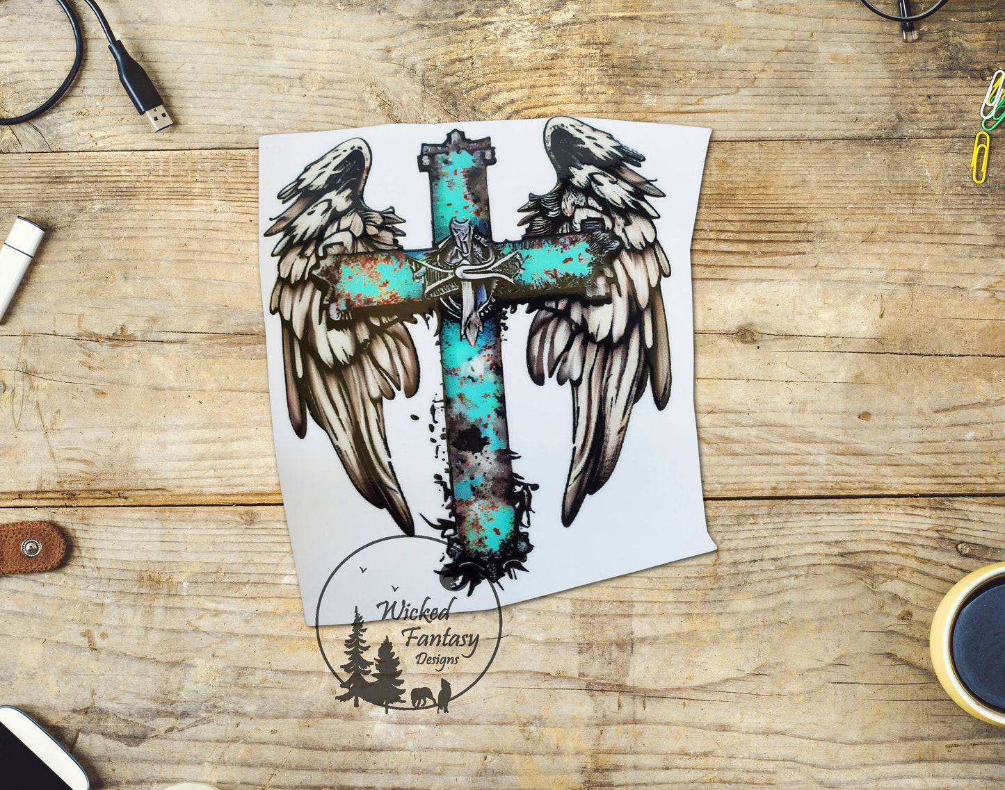 UVDTF Teal Cross with Angel Wings Western Style Transparent Background sticker 1pc
