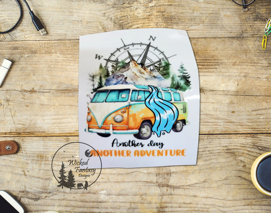 UVDTF Decal Another Day Another Adventure Retro Van 70s Wilderness Compass Transparent Background sticker 1pc