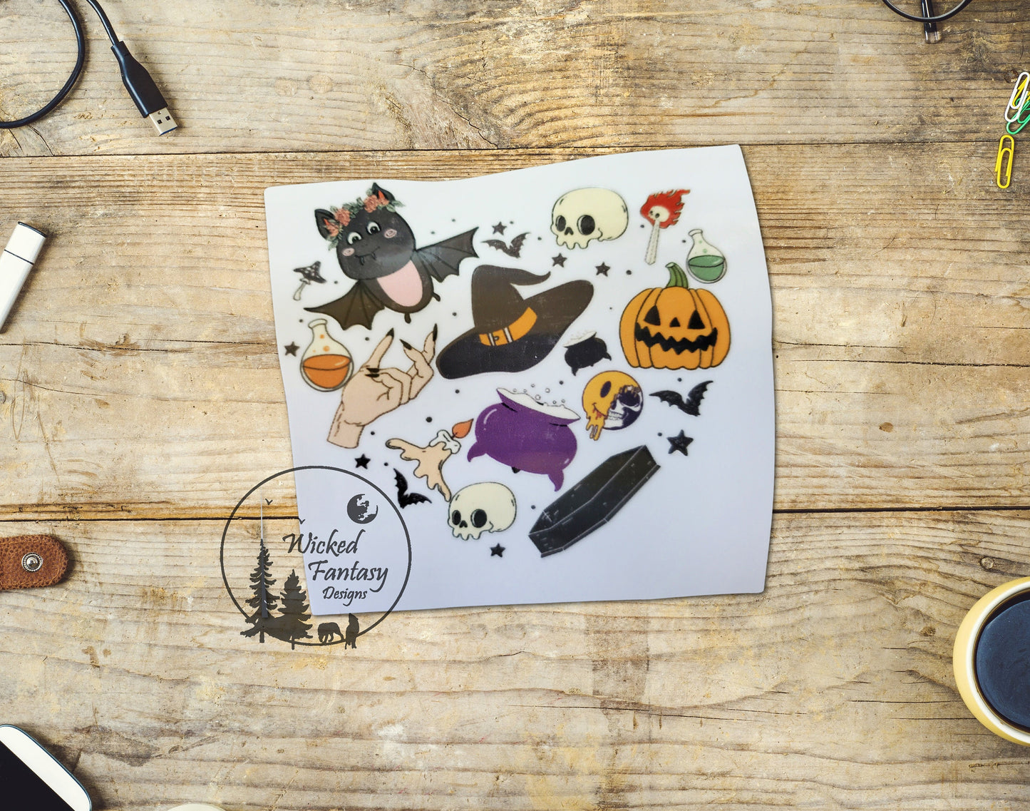 UVDTF Decal Halloween Heart with Bat Witch Bat Coffin Skulls Transparent Background sticker 1pc