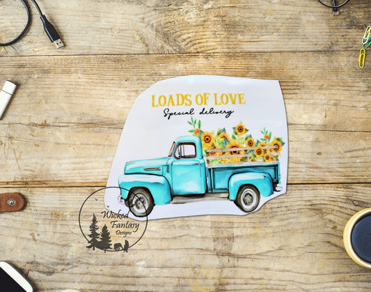 UVDTF Decal Loads of Love Special Delivery Sunflower Blue Farm Truck Transparent Background sticker 1pc