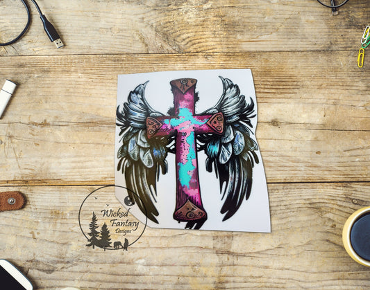 UVDTF Decal Pink and Blue Cross with Angel Wings Rustic Western Style Transparent Background sticker 1pc