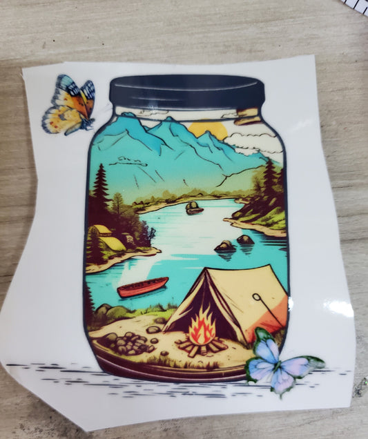 UVDTF Decal Camping Scene Great Outdoors in a Mason Jar with Butterflies Transparent Background Sticker 1pc