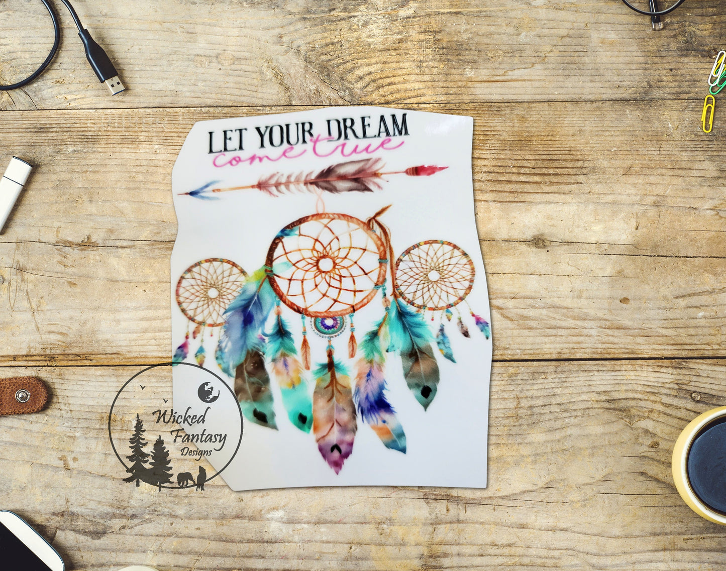 UVDTF Decal Let Your Dream Come True Arrow Dreamcatchers Transparent Background Sticker 1pc
