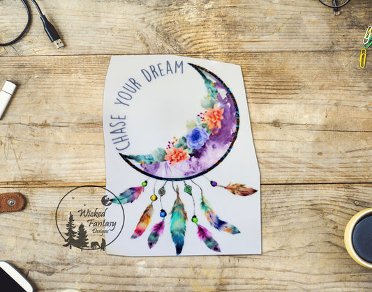 UVDTF Decal Chase Your Dream Crescent Moon Flowers Feathers Dreamcatcher Transparent Background