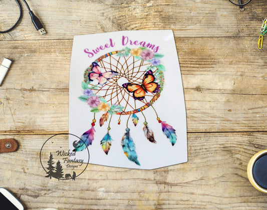 UVDTF Decal Sweet Dreams Dreamcatcher with Butterflies Transparent Background Sticker 1pc