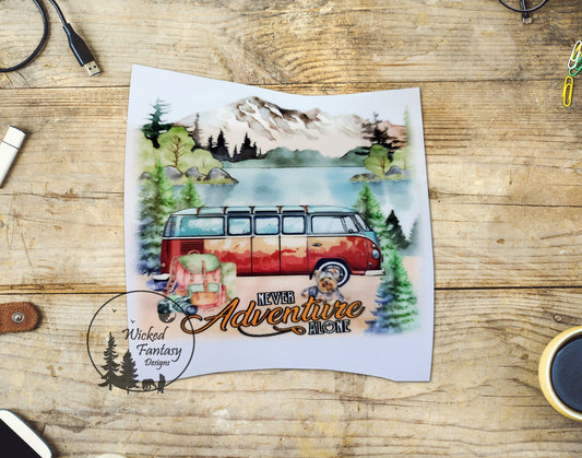 UVDTF Decal Never Adventure Alone Hiking Wilderness Mountain Lake Vintage Retro Van Transparent Background Sticker 1pc