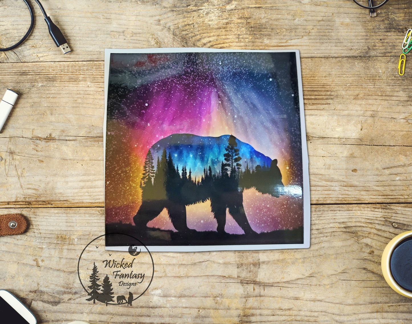 UVDTF Decal Aurora Borealis Northern Lights Bear Silhouette Transparent Background sticker 1pc