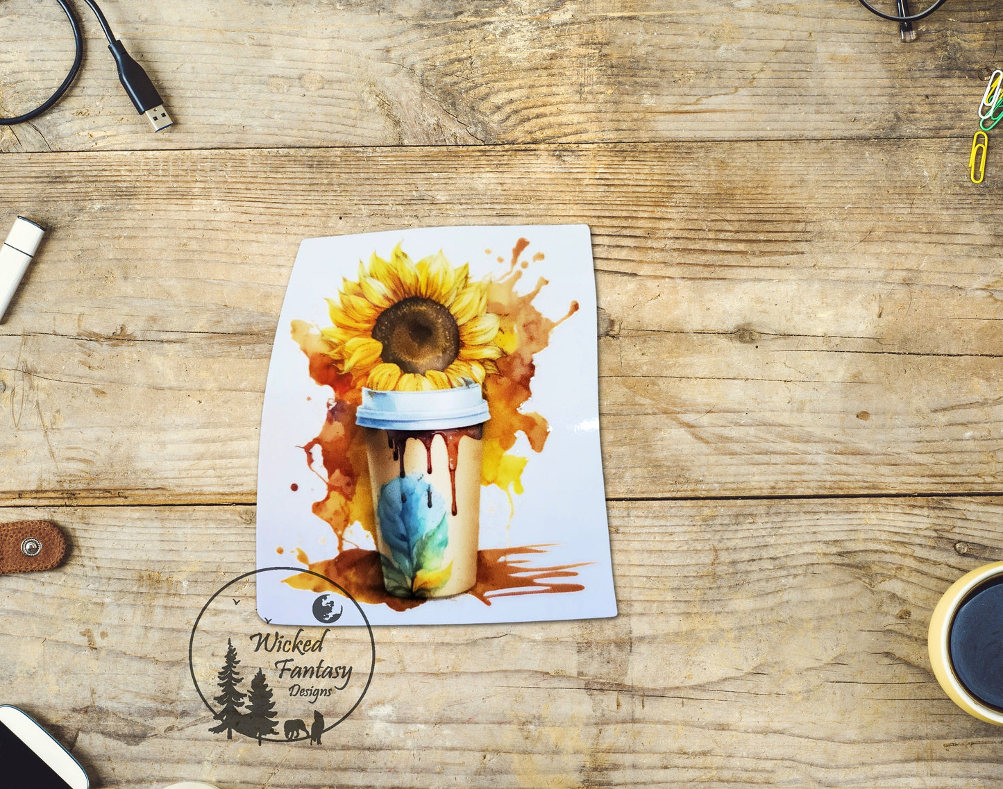 UVDTF Decal Sunflower Coffee Cup Watercolor Transparent Background Sticker 1pc