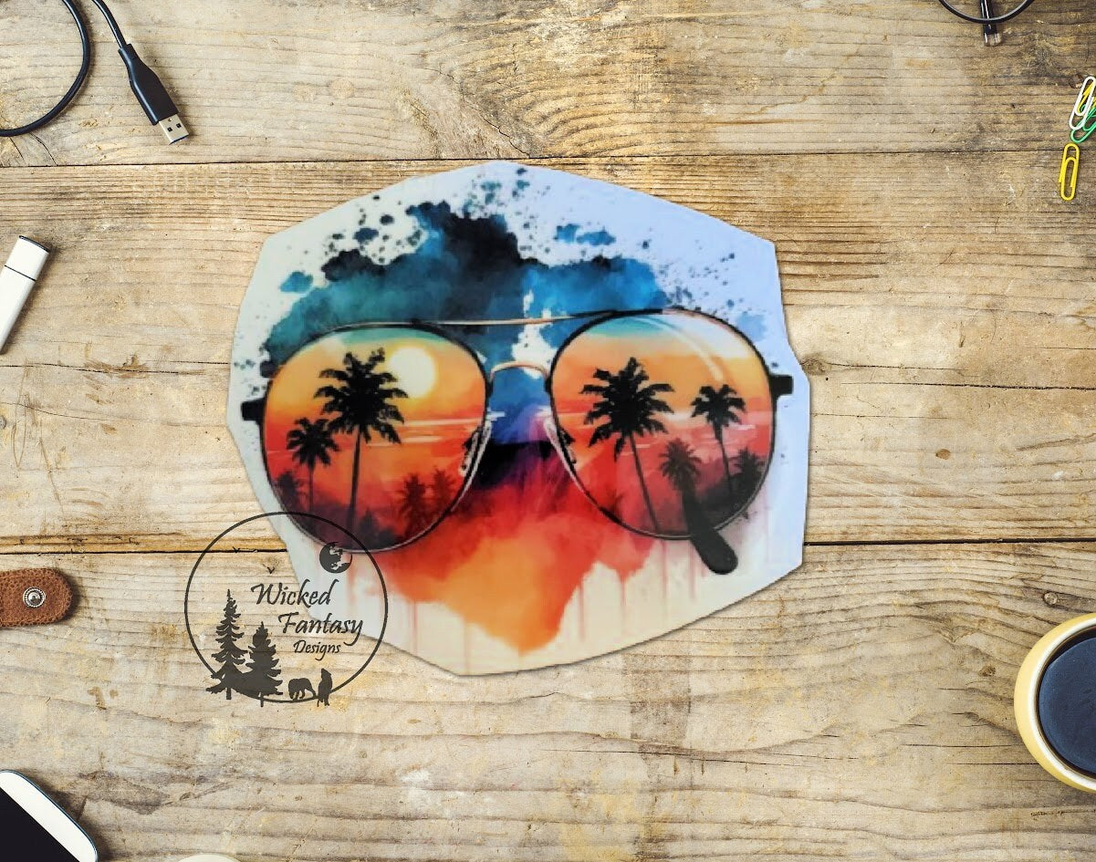 UVDTF Decal Aviator Sunglasses Beach Sunset Watercolor Transparent Background Sticker 1pc