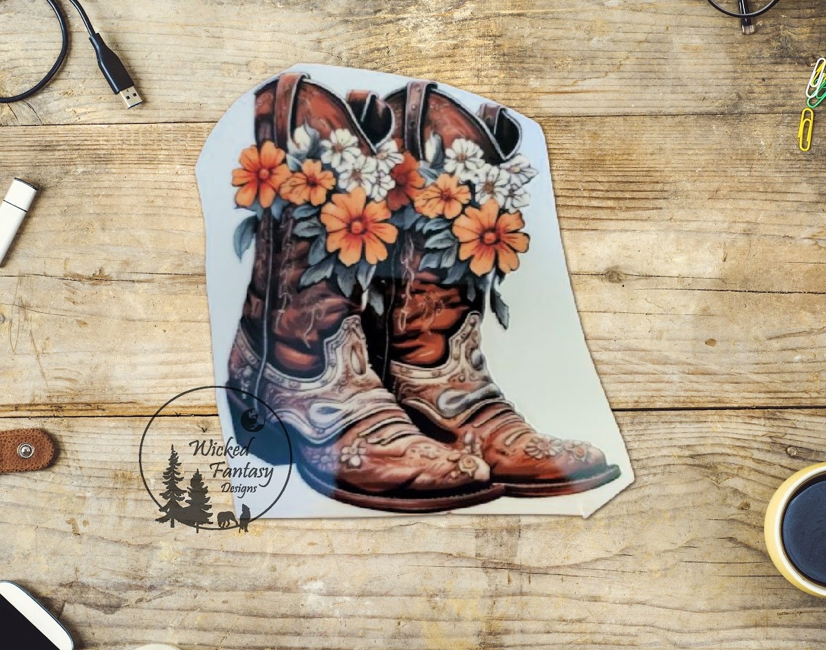 UVDTF Decal Cowboy Boots with Flowers Transparent Background Sticker 1pc Water Bottle Sticker