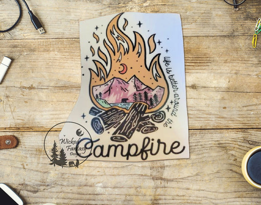UVDTF Decal Life is Better Around the Campfire Mountains and Bear Transparent Background Sticker 1pc