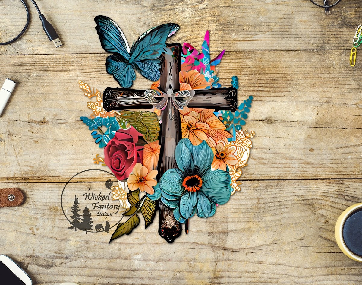 UVDTF Decal Religious Wooden Cross Butterfly Flowers Transparent Background Sticker 1pc