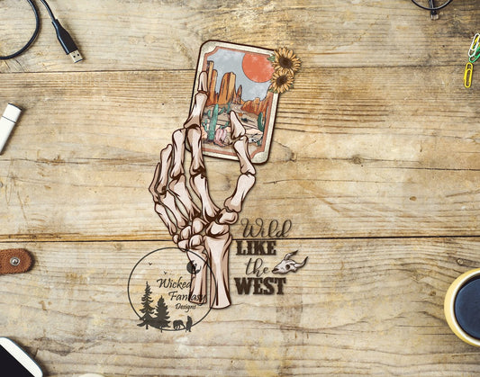 UVDTF Decal Wild like the West Western Desert Card Skeleton Hand Transparent Background Sticker 1pc
