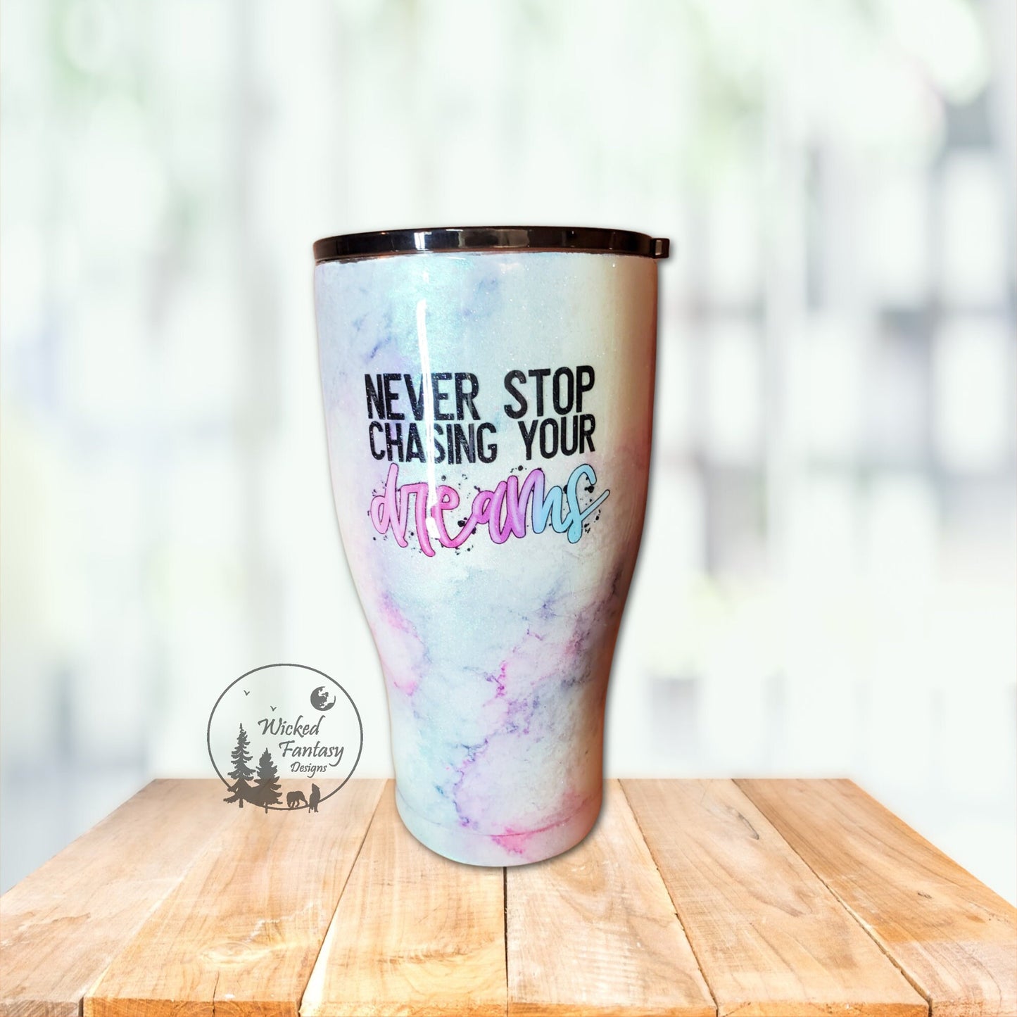 Ready to Ship Never Stop Chasing Your Dreams Opal Iridescent Glitter Epoxy Tumbler 30oz Curve