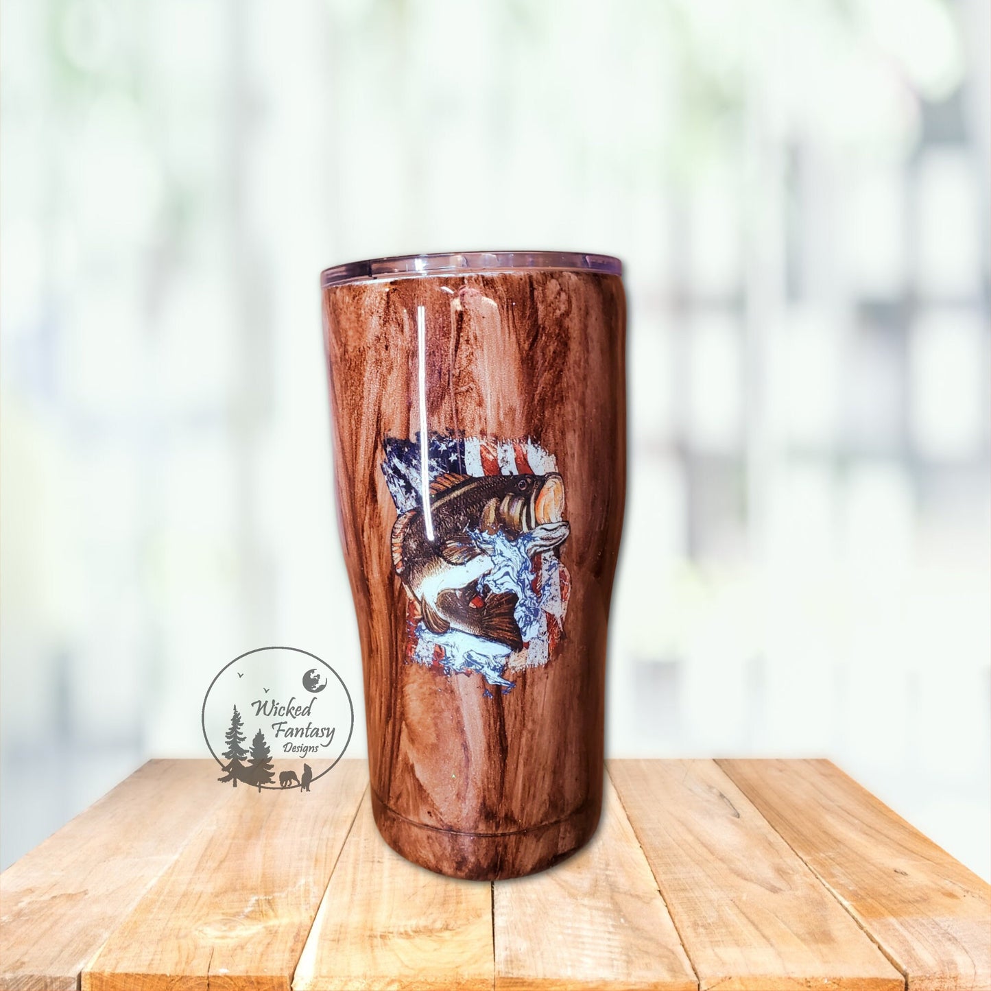 Ready to Ship Patriotic Bass Fish American Flag Woodgrain Epoxy Tumbler 20oz Curve