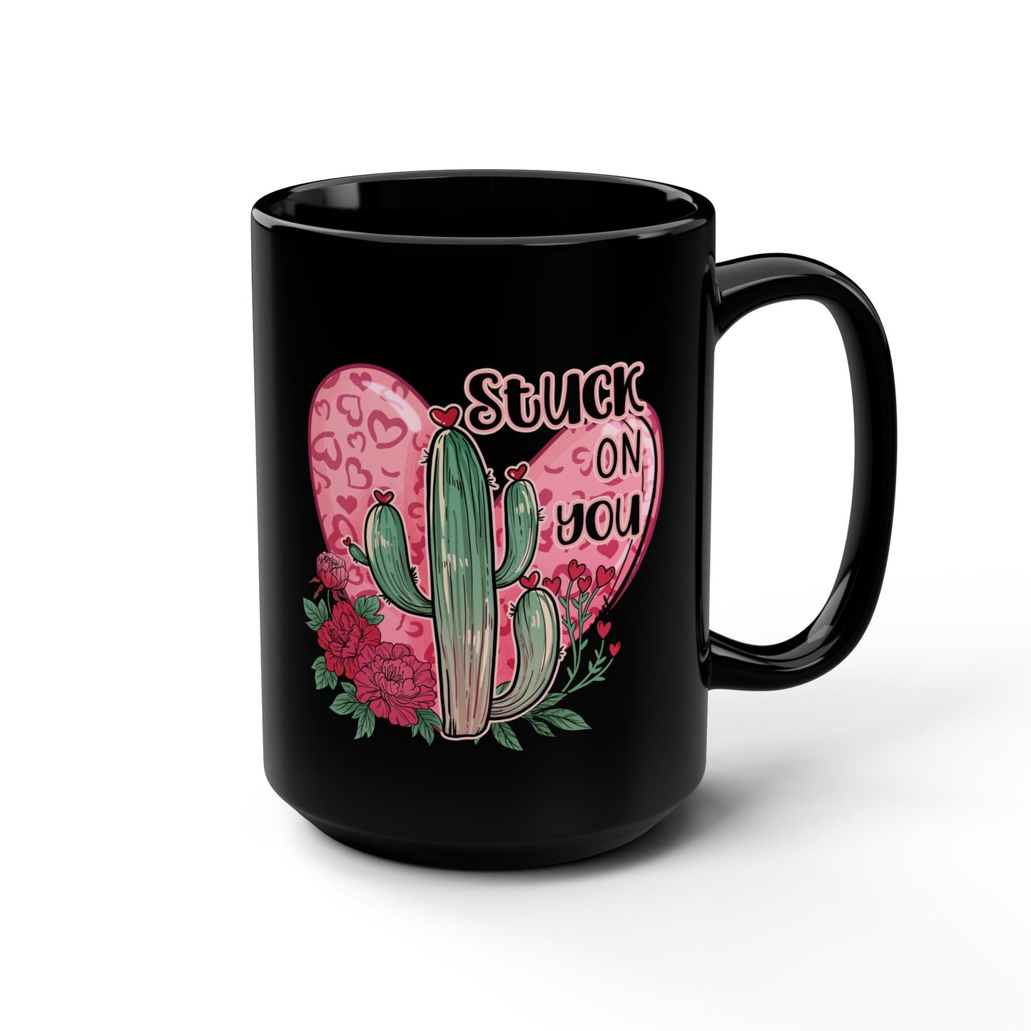 Stuck On You Hearts Cactus Western Valentines Day Mug, coffee tea black mug 15oz