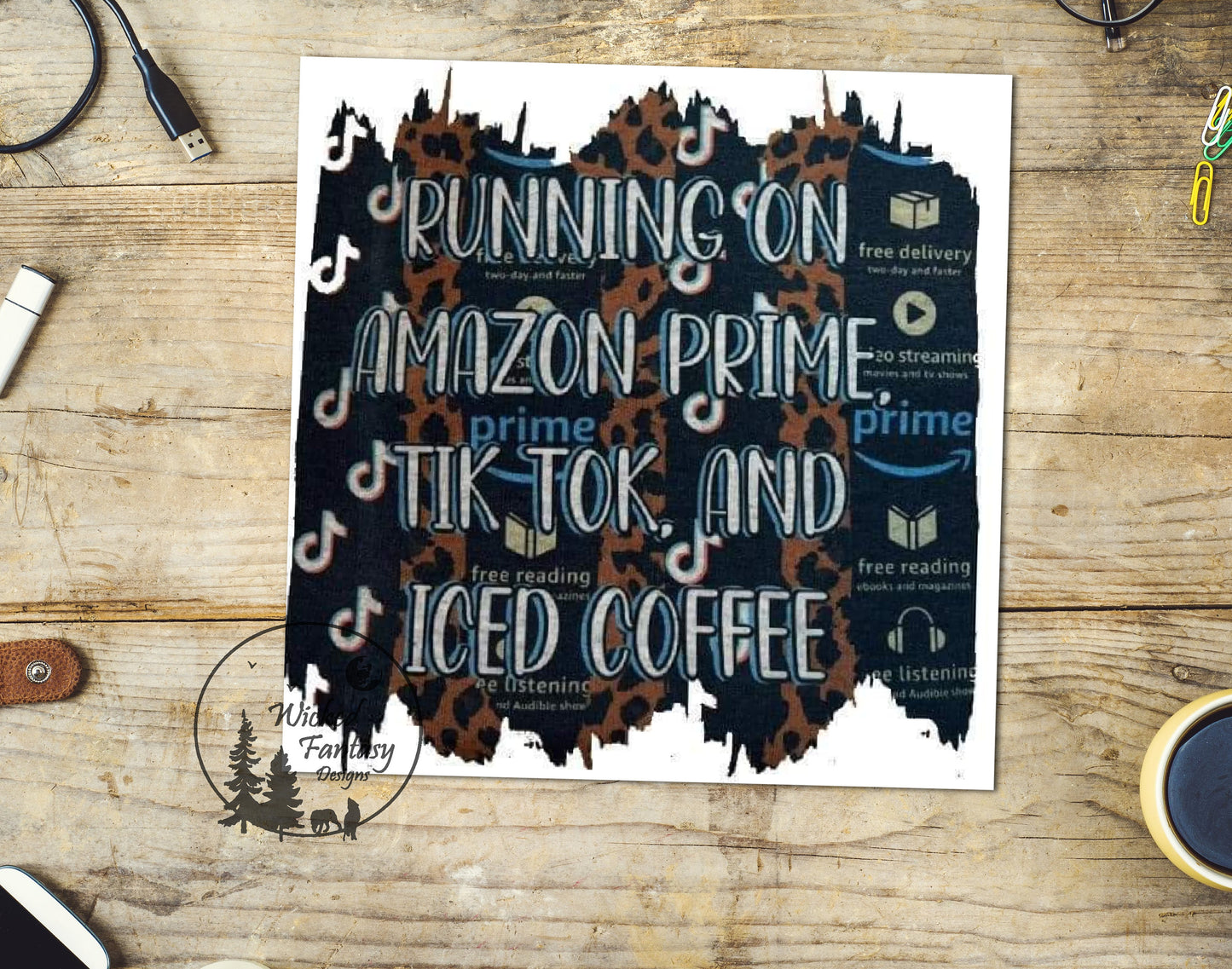 UVDTF Decal Running on Amazon Tiktok and Iced Coffee Transparent Background Sticker 1pc