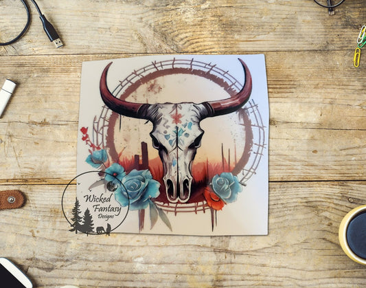 UVDTF Decal Southwestern boho cow skull with stars roses Transparent Background Sticker 1pc