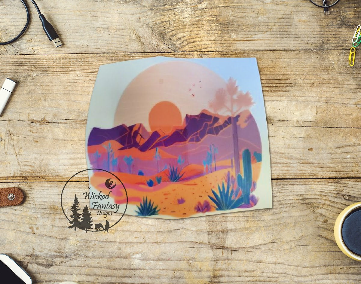 UVDTF Decal Pastel Desert Southwestern Cactus Sunset Sunrise Transparent Background Sticker 1pc
