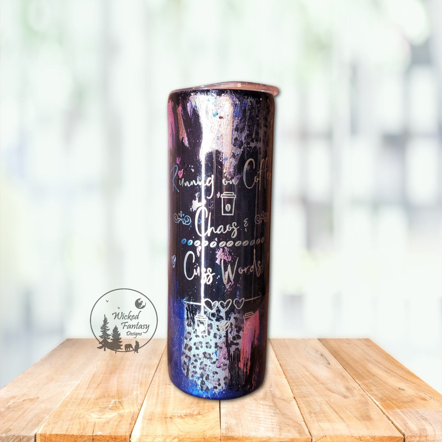 Ready to Ship Running on Coffee Chaos and Cuss Words Rustic Brush Stroke Leopard Print Epoxy Tumbler 20oz Skinny
