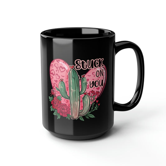 Stuck On You Hearts Cactus Western Valentines Day Mug, coffee tea black mug 15oz