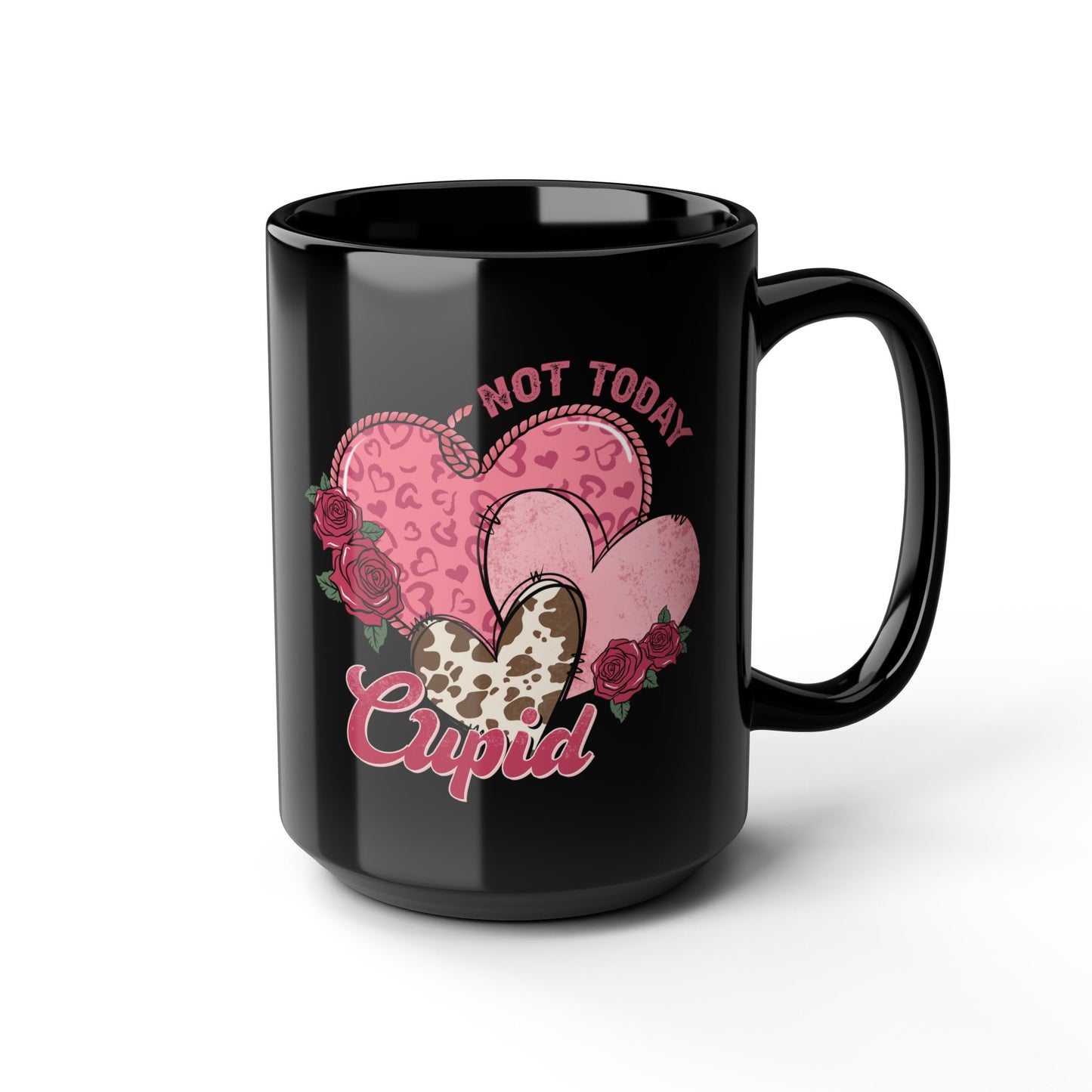 Not Today Cupid Pink Hearts Cow Hide Leopard Print Western Valentines Day Mug, coffee tea black mug 15oz