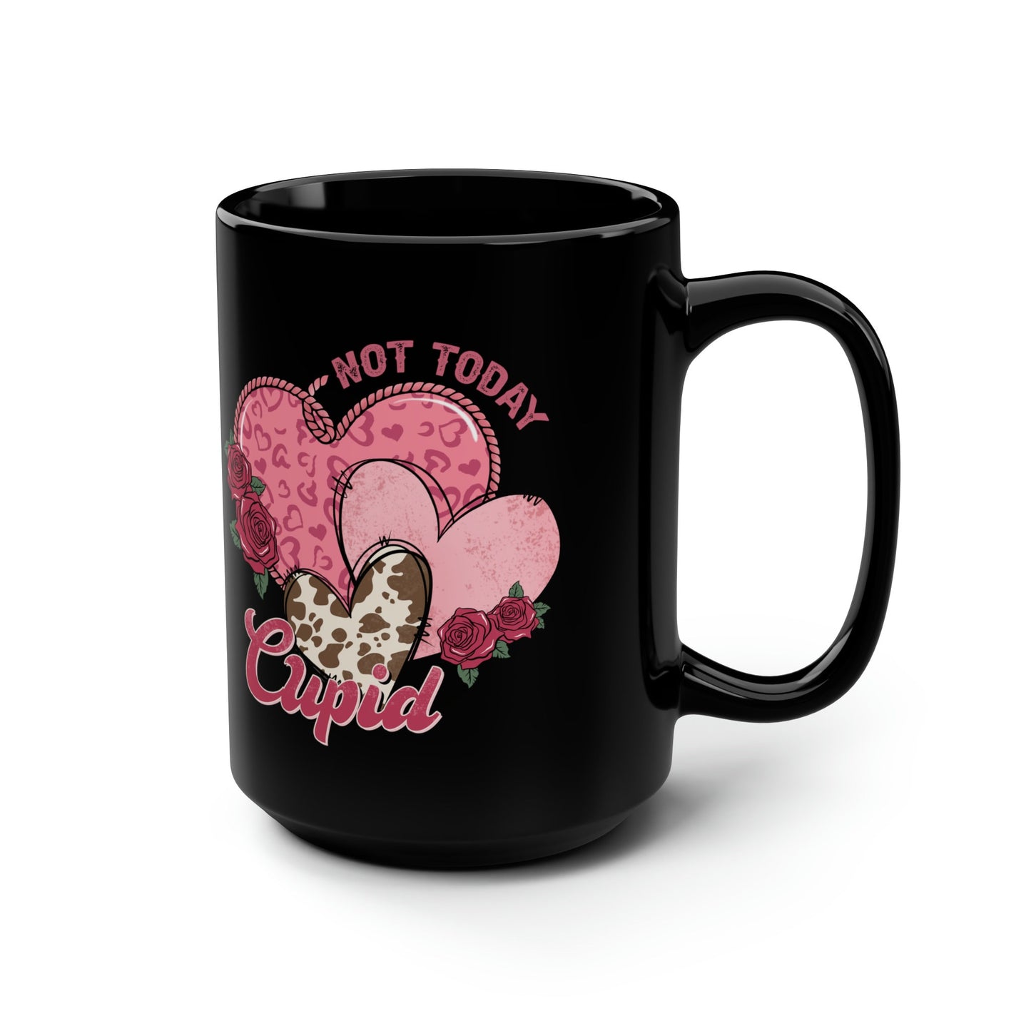 Not Today Cupid Pink Hearts Cow Hide Leopard Print Western Valentines Day Mug, coffee tea black mug 15oz