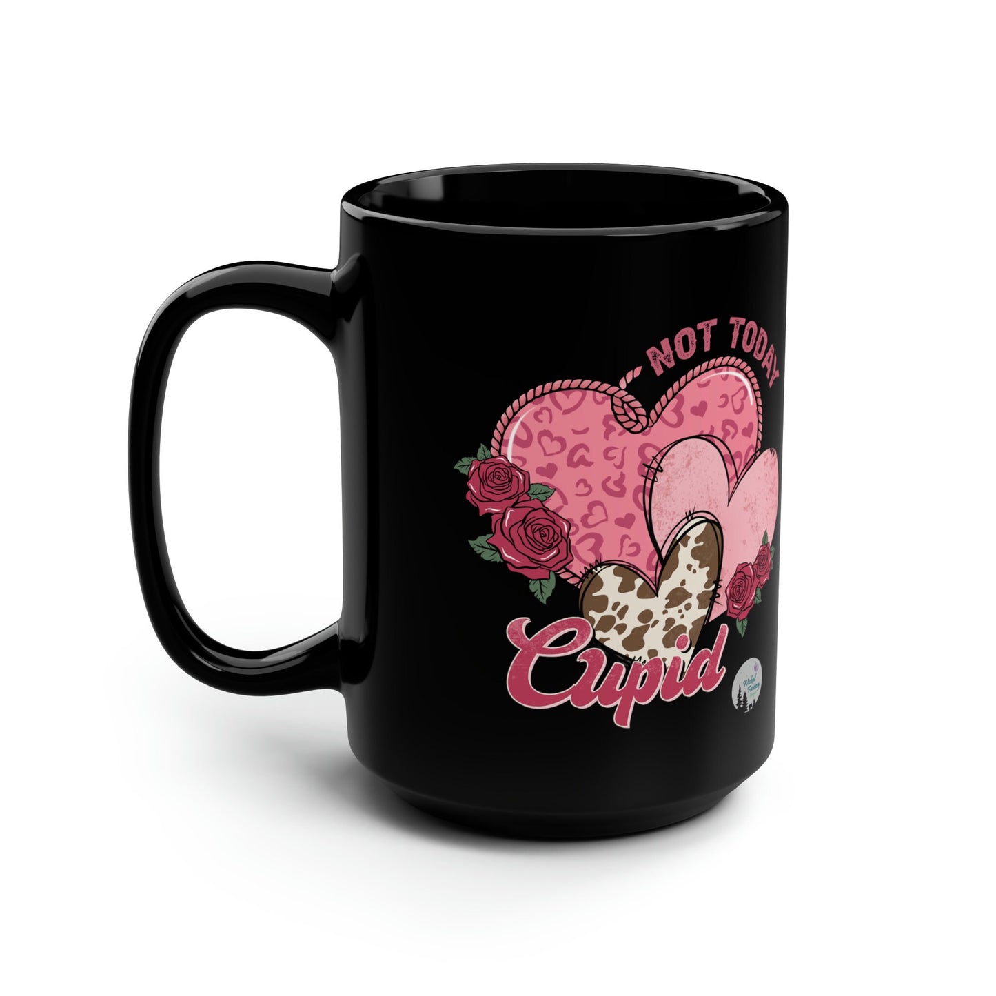 Not Today Cupid Pink Hearts Cow Hide Leopard Print Western Valentines Day Mug, coffee tea black mug 15oz