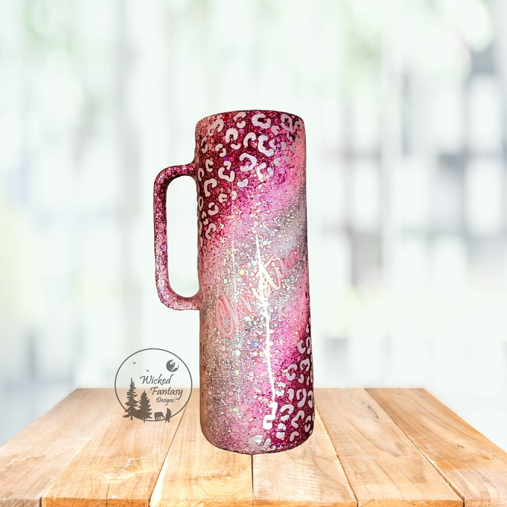 You Personalize Leopard Print and Glitter Swirls Pink Silver and White Glitter Tumbler