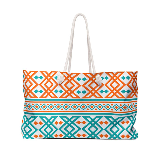 Large Teal and Orange Boho Geometric Weekender Bag Tote
