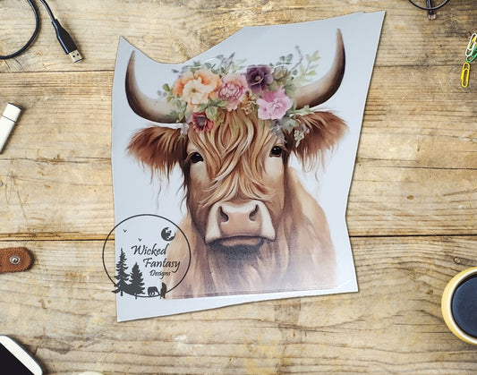 UVDTF Decal Highland Cow Pastel Flowers 1pc