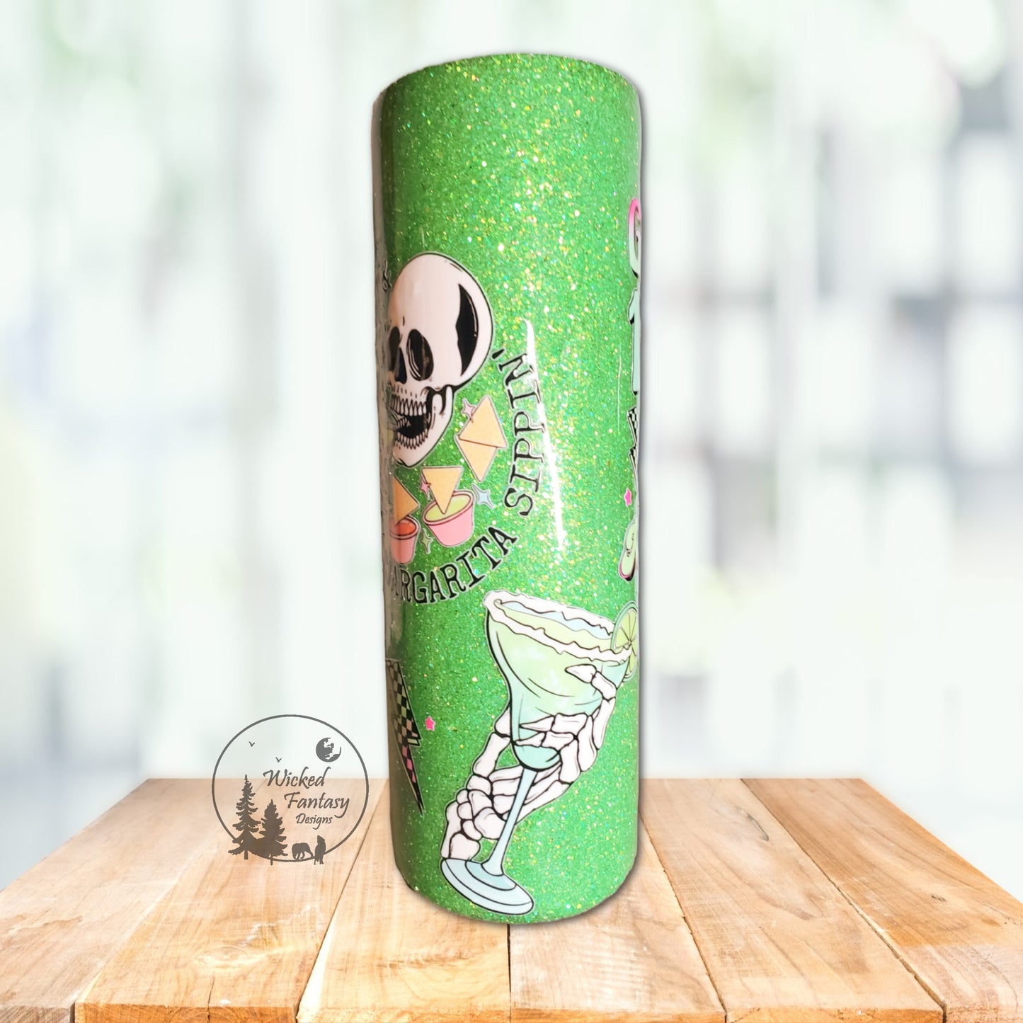 Chip Dippin' and Margarita Sippin' Skeleton Lime Green Glitter Tumbler 30oz with handle