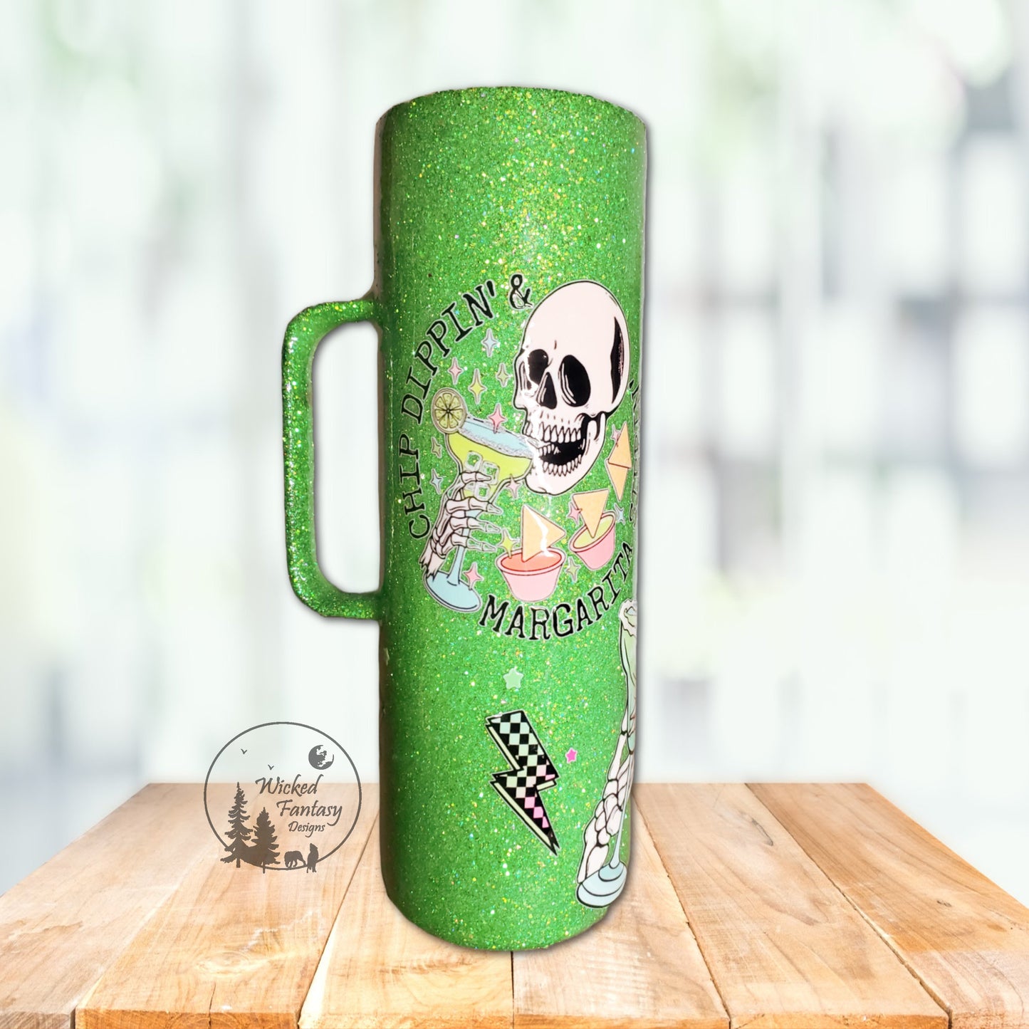 Chip Dippin' and Margarita Sippin' Skeleton Lime Green Glitter Tumbler 30oz with handle