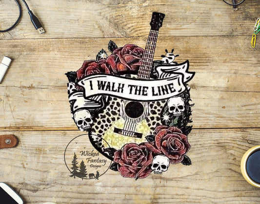 UVDTF Decal I Walk The Line Guitar Skull Roses 1pc