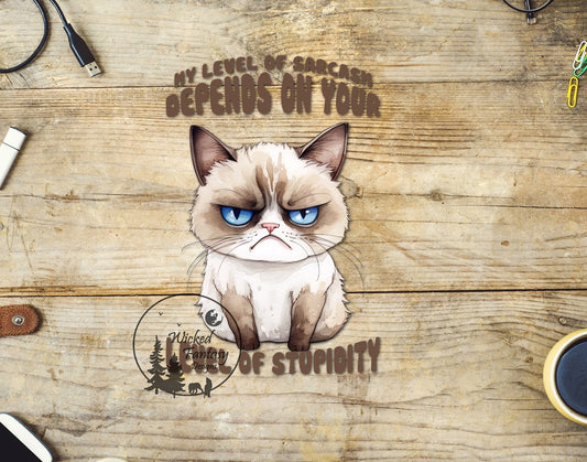 UVDTF Decal My Level Of Sarcasm Depends On Your Level Of Stupidity Grumpy Cat 1pc