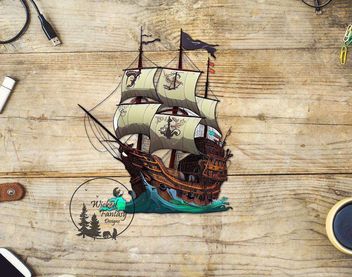 UVDTF Decal Colorful Pirate Ship On Waves 1pc