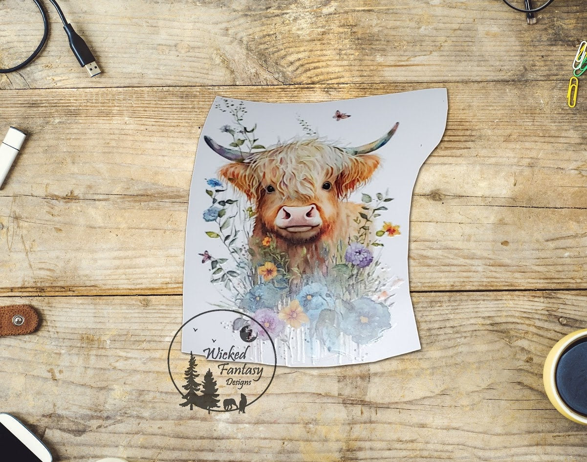 UVDTF Decal Cute Highland Cow Pastel Flowers 1pc