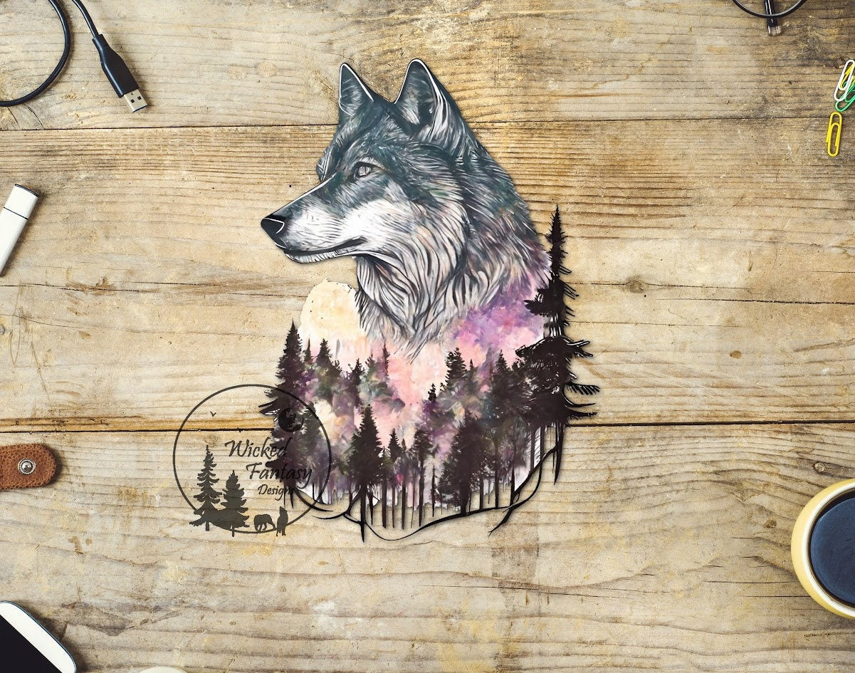 UVDTF Decal Wolf Above a Forest 1pc pink clouds