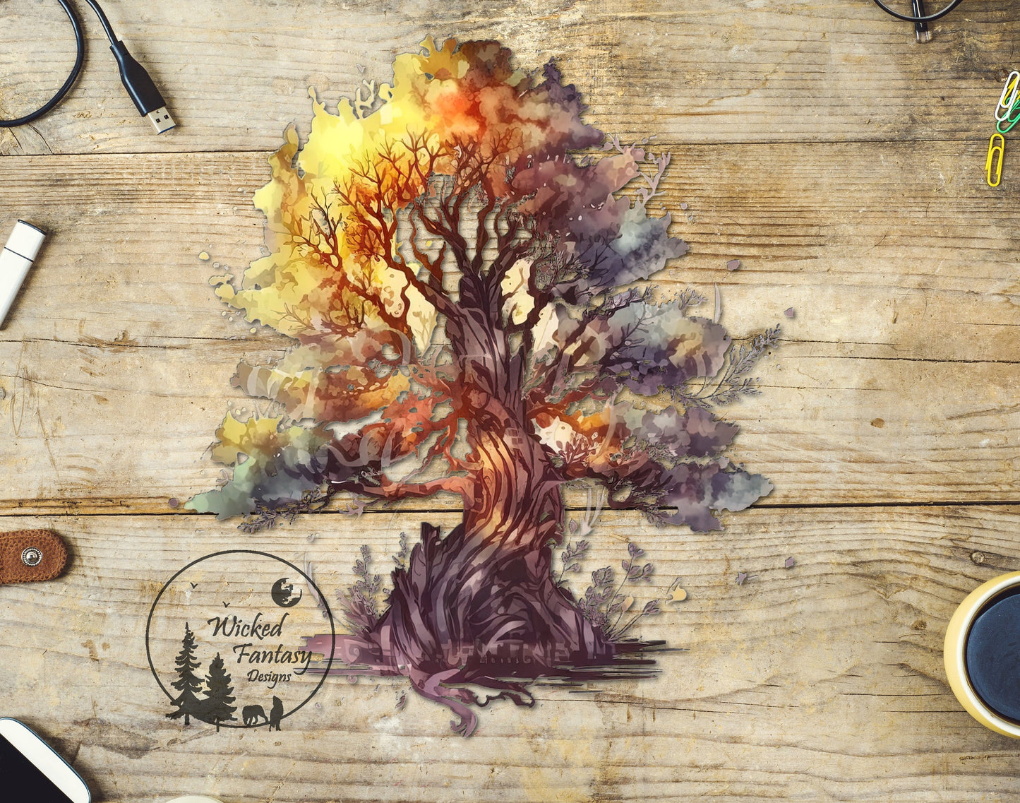 UVDTF Decal Tumbler Element Large Dense Watercolor Tree 4.5''x6'' Transparent Background Sticker 1pc